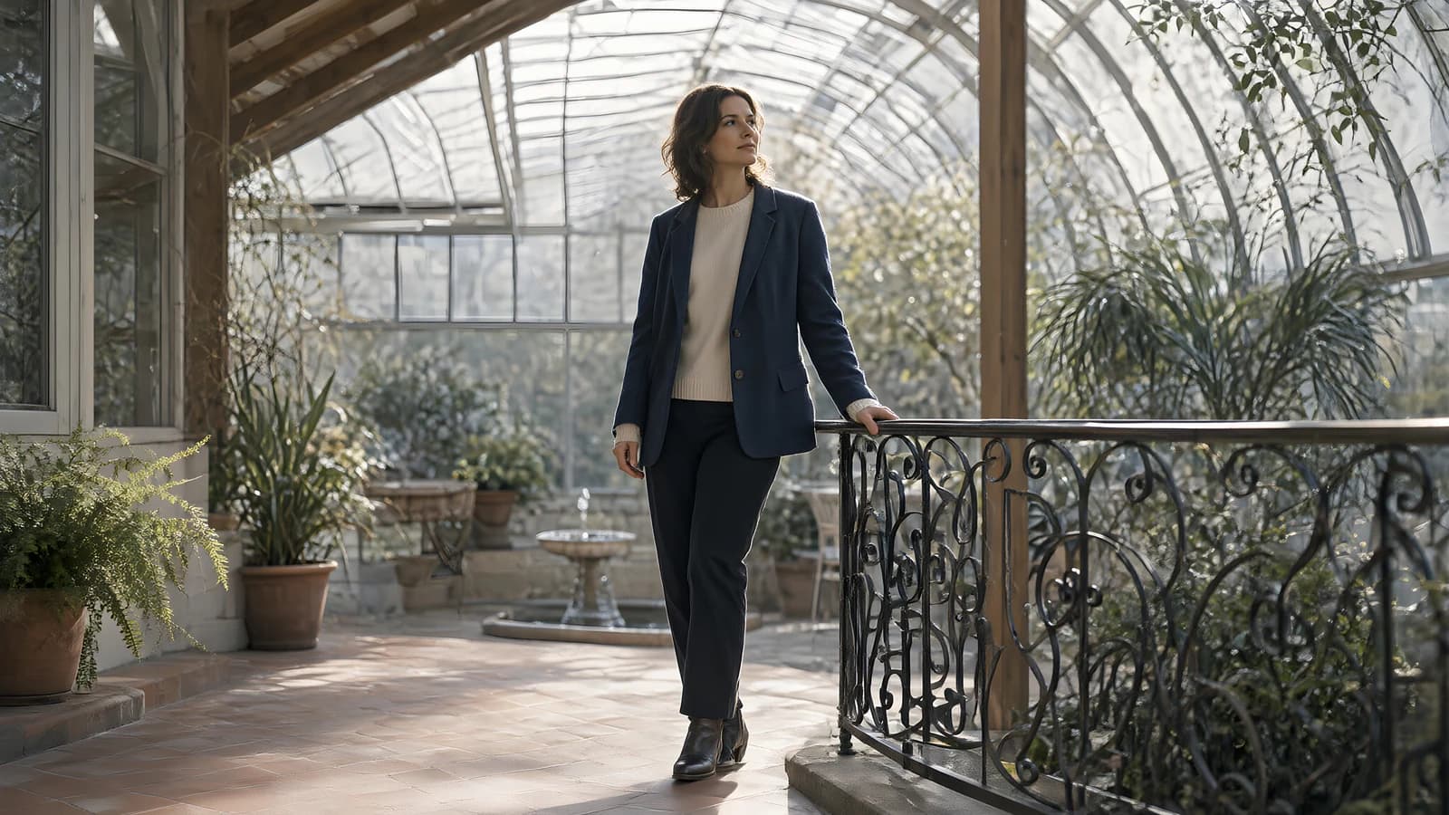 A woman in a navy suit and cream sweater stands on a tiled walkway inside a glass conservatory, resting her hand on a black iron railing with potted plants nearby.
